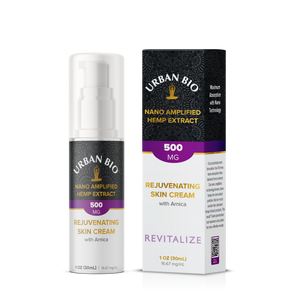 Urban Bio Rejuvenating Skin Cream 500 mg 1 fl oz bottle Nano Amplified Hemp extract with Menthol and Arnica Hydrate and nourish your skin with a refreshing blend of fruit extracts, antioxidants, and nutrients. This silky therapeutic cream keeps skin soft 